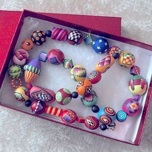 Colorful Hand Rolled Clay Beaded Necklace Unique Multicolored Bold Artistic 23"